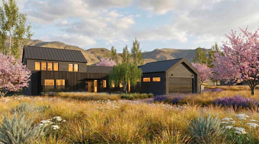 Modern black house with large windows and a garage, surrounded by wildflowers and blossoming trees, set against North Central Washington’s rolling hills and vineyard views near Rocky Pond Estate under a partly cloudy sky.