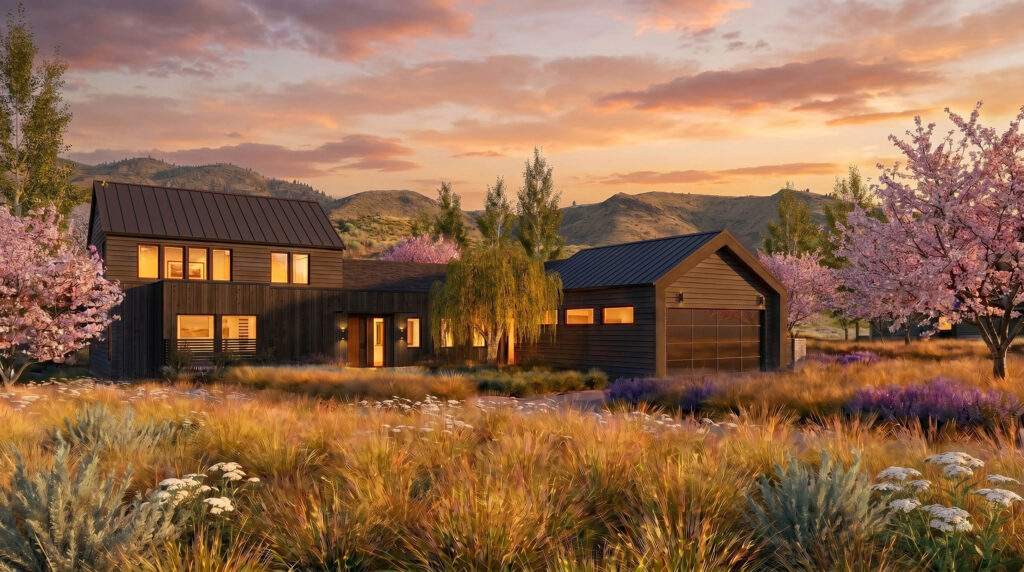 Modern dark-colored house with large windows, surrounded by flowering trees and tall grasses, set against a backdrop of hills under a colorful sunset sky near Lake Chelan in North Central Washington.