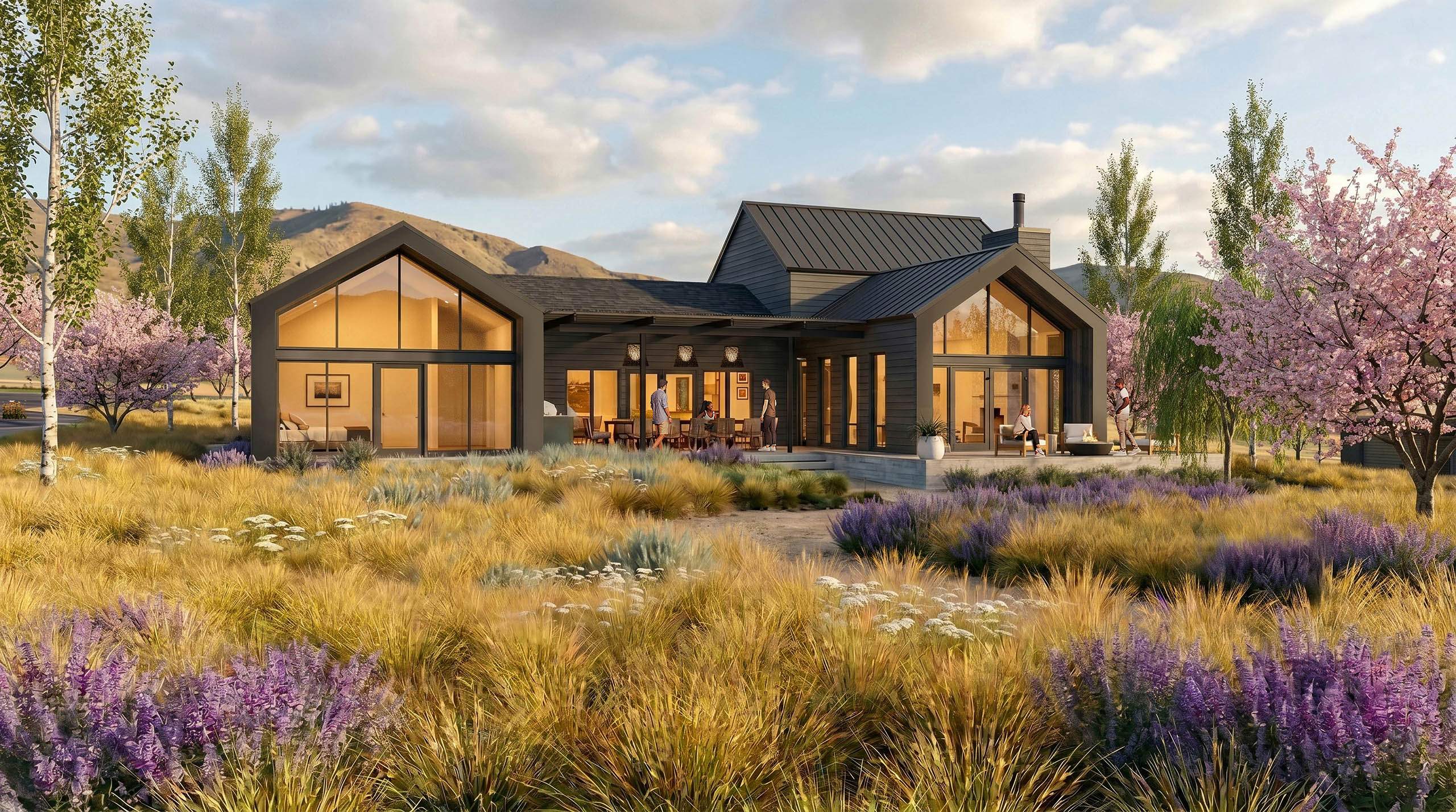 Modern house with large windows and gabled roofs, surrounded by blooming trees, purple flowers, and tall grasses, with stunning vineyard views and mountains in the background under a partly cloudy sky.