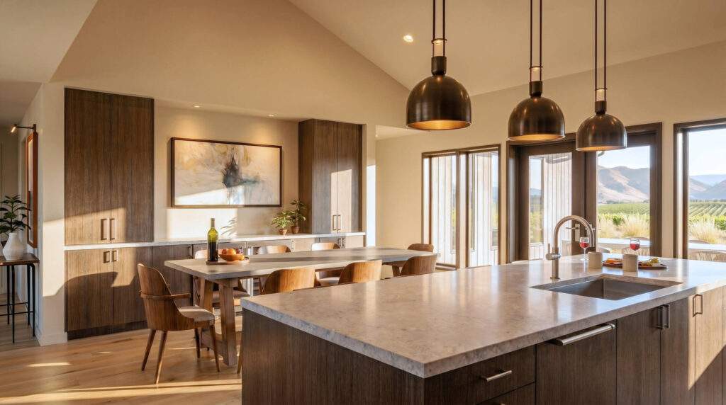 Modern kitchen and dining area with wooden cabinets, marble countertops, pendant lights, dining table with chairs, and large windows overlooking scenic vineyard views near Lake Chelan.