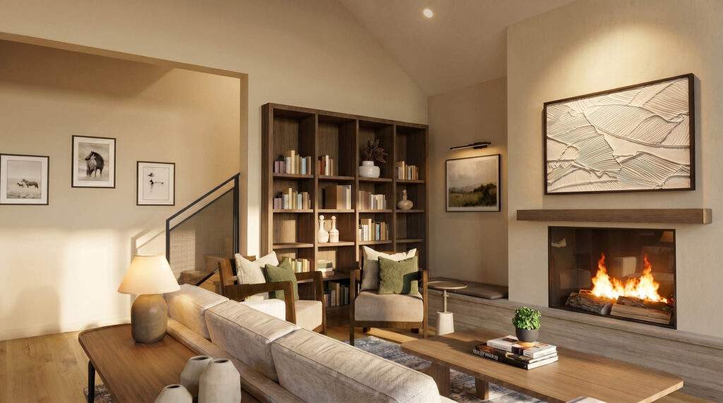 A modern living room with a fireplace, built-in bookshelves, a beige sofa, armchairs, and framed wall art offers serene comfort—perfect for enjoying vineyard views reminiscent of Rocky Pond Estate in North Central Washington.