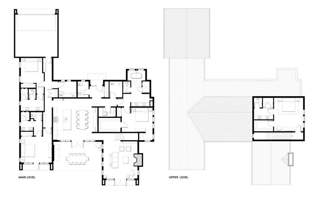 Black and white architectural floor plan showing the main and upper levels of a house with rooms, hallways, and stairs clearly labeled.