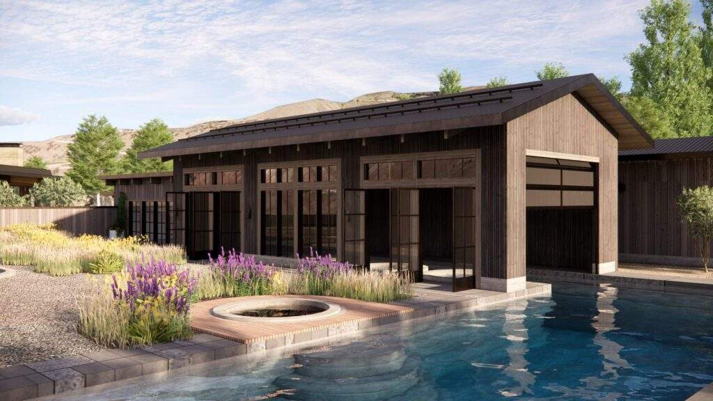 Modern wooden pool house with large windows, an outdoor hot tub, landscaped garden, and a pool in the foreground. Mountains and trees are visible in the background.