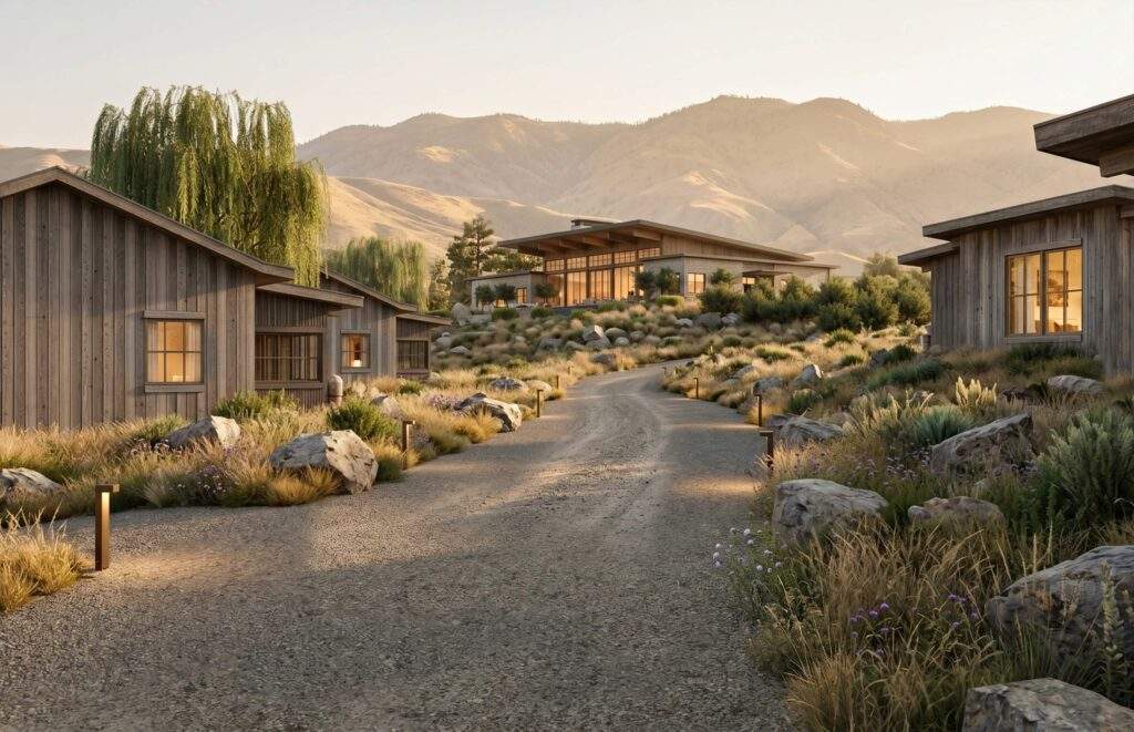 A gravel path leads through a landscaped area with wooden cabins, dry grass, and rocks, set against a backdrop of rolling hills and mountains.
