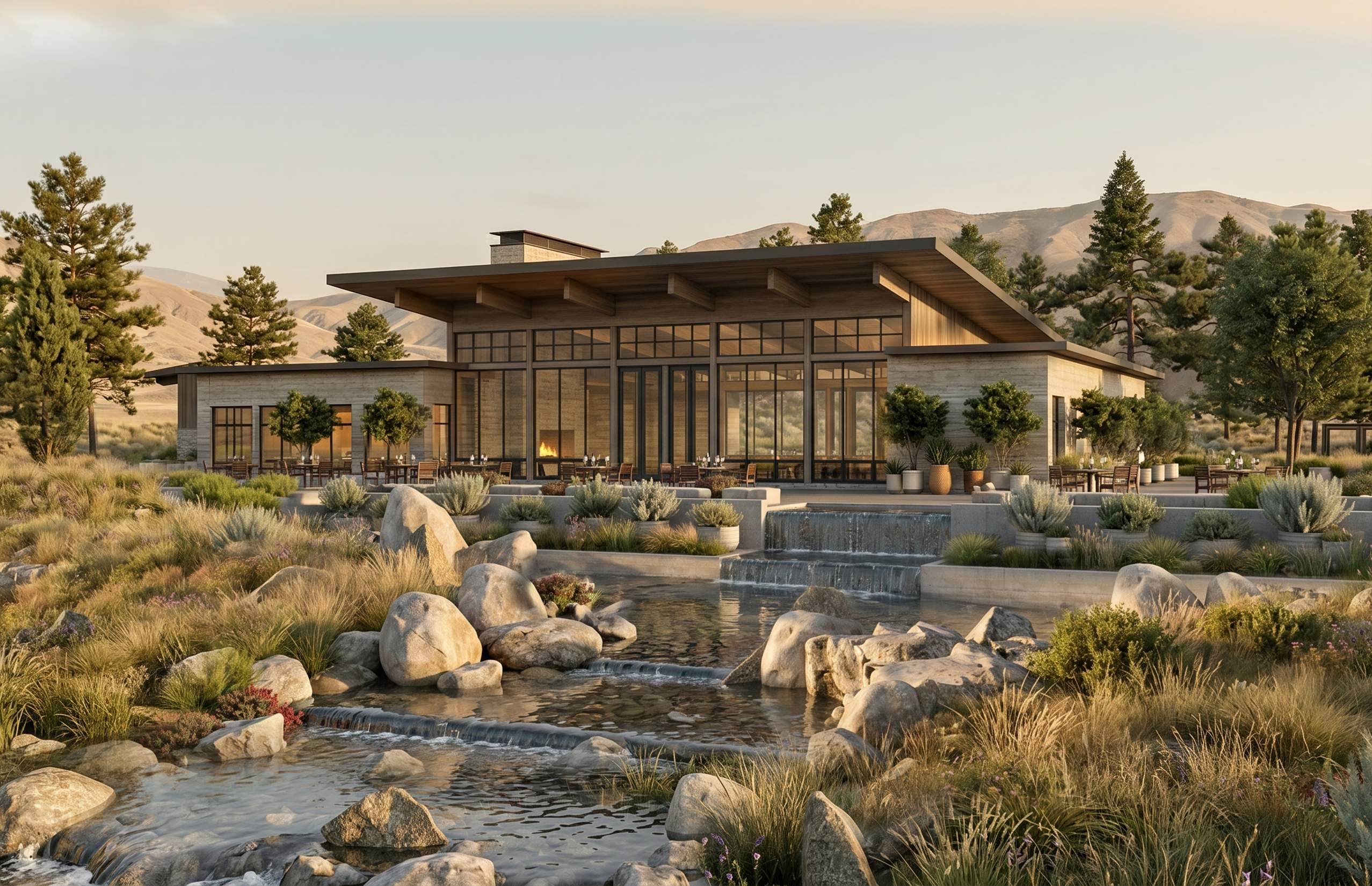 Modern building with large glass windows, flat roof, and outdoor seating, surrounded by landscaped rocks, water features, and native plants, with mountains and trees in the background.