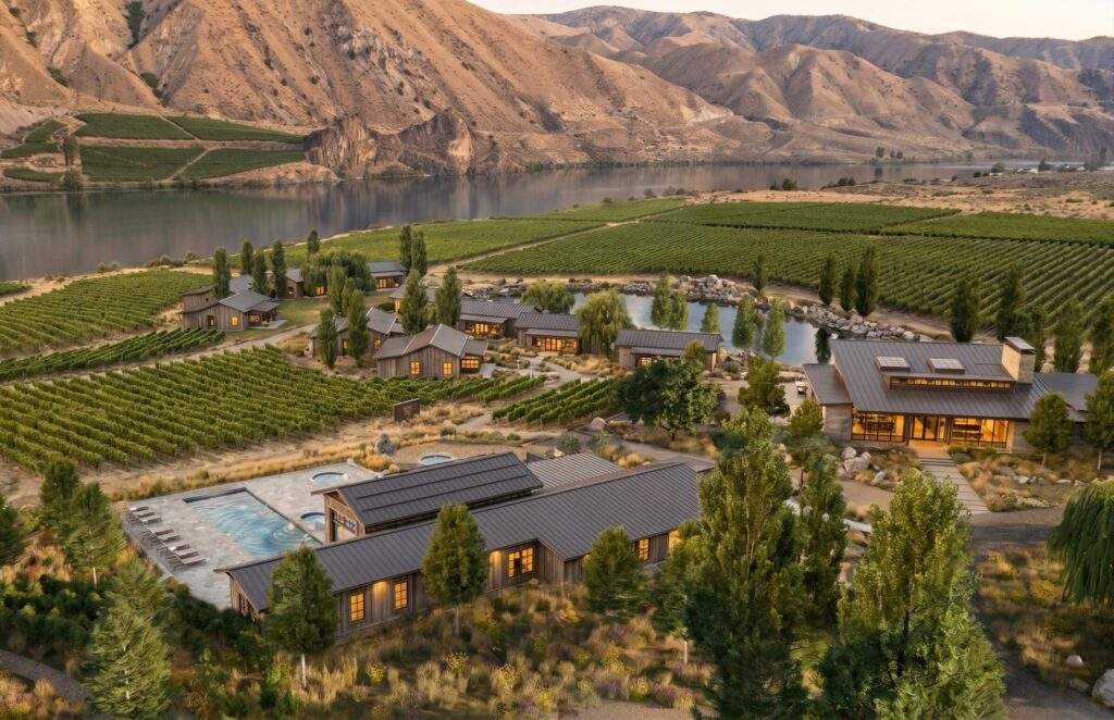 Aerial view of a modern vineyard estate with several buildings, a swimming pool, rows of grapevines, and a lake, set against a backdrop of hills and mountains.