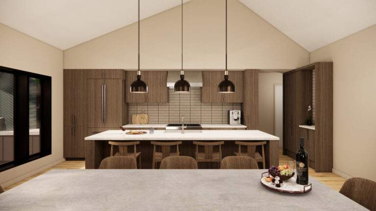 Modern kitchen with wood cabinets, white countertops, pendant lights over an island with stools, and a dining table set with wine and snacks in the foreground—perfect for entertaining at Rocky Pond Estate near Lake Chelan in North Central Washington.