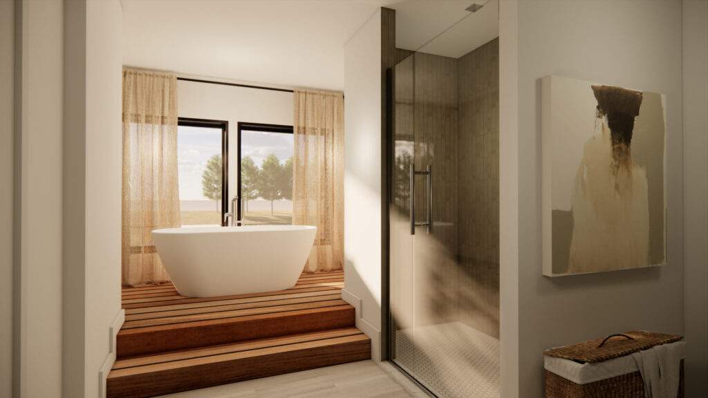 Modern bathroom at Rocky Pond Estate near Lake Chelan, featuring a freestanding tub on wooden steps, glass-enclosed shower, large window with curtains, laundry basket, and abstract wall art in scenic North Central Washington.