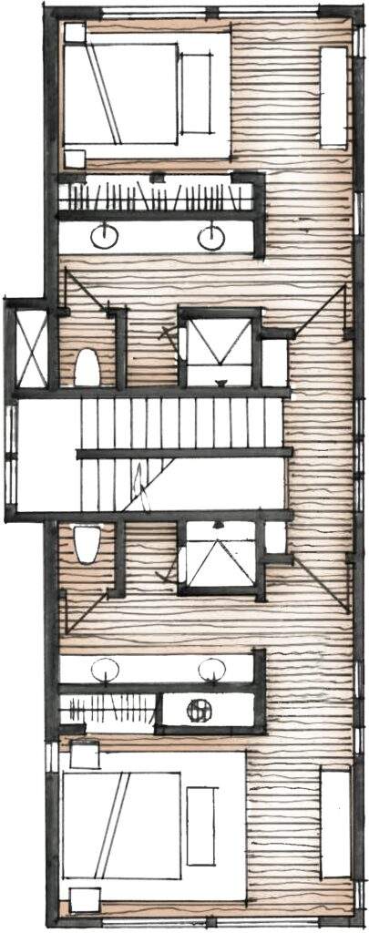 Hand-drawn floor plan of a rectangular house at Rocky Pond Estate near Lake Chelan, with three bedrooms, two bathrooms, closets, and a central staircase. Features wood flooring, labeled fixtures, and stunning vineyard views.
