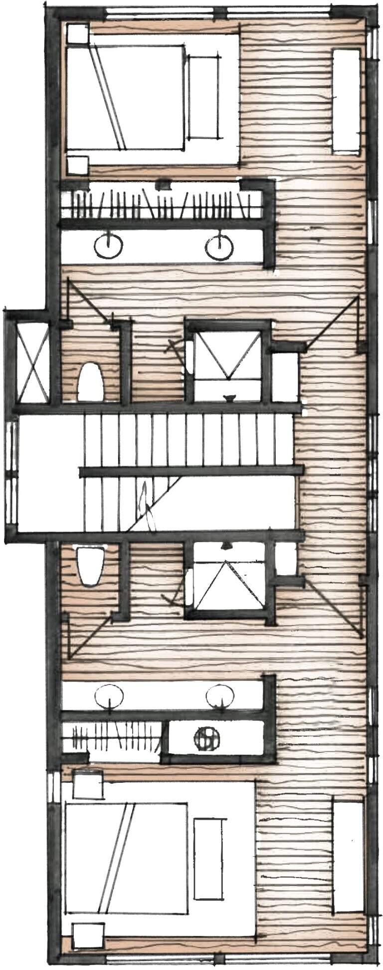 Hand-drawn floor plan of a rectangular house at Rocky Pond Estate near Lake Chelan, with three bedrooms, two bathrooms, closets, and a central staircase. Features wood flooring, labeled fixtures, and stunning vineyard views.