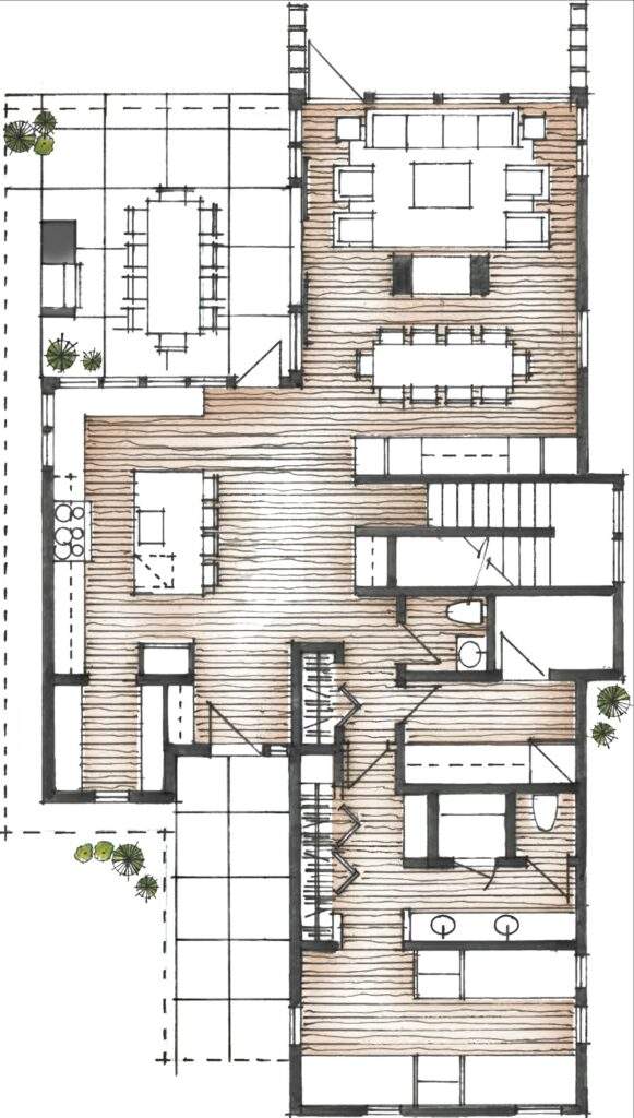Architectural floor plan of a Rocky Pond Estate near Lake Chelan, featuring an open kitchen, dining, and living area, two bedrooms, two bathrooms, and outdoor patio spaces with furniture and plants.