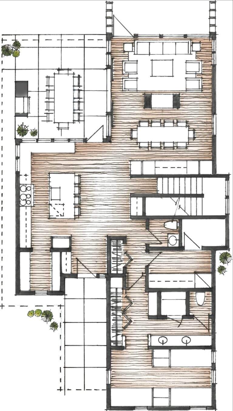 Architectural floor plan of a Rocky Pond Estate near Lake Chelan, featuring an open kitchen, dining, and living area, two bedrooms, two bathrooms, and outdoor patio spaces with furniture and plants.