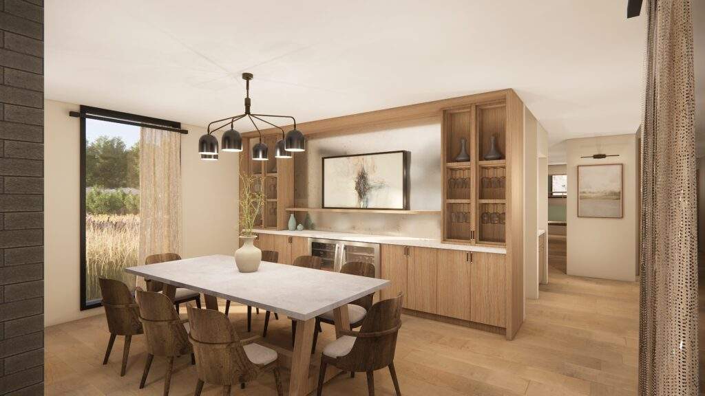 Modern dining room with a rectangular table, six chairs, a black chandelier, wood cabinetry, large artwork, and floor-to-ceiling window with sheer curtains offering vineyard views near Lake Chelan in North Central Washington.