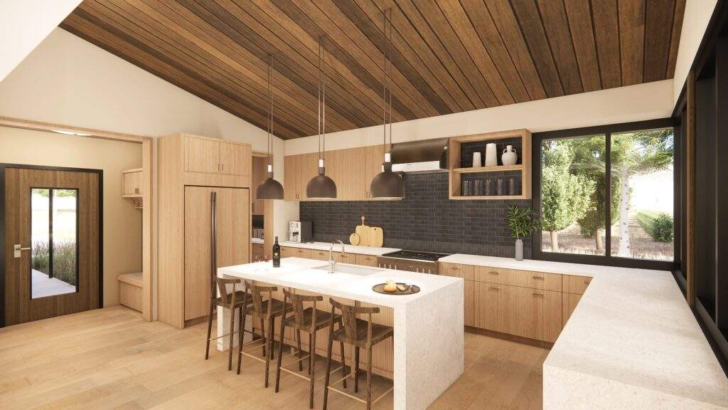 Modern kitchen with wood cabinets, a large island with four stools, pendant lights, black tile backsplash, and large windows offering stunning vineyard views near Lake Chelan in North Central Washington.