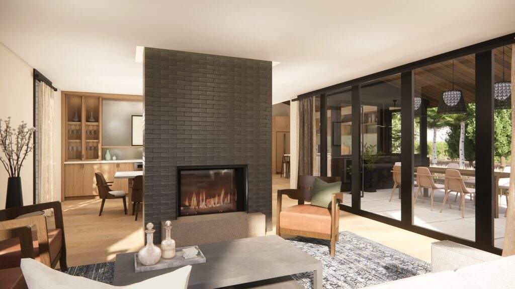 Modern living room at Rocky Pond Estate, near Lake Chelan in North Central Washington, featuring a central double-sided fireplace, contemporary furniture, and large glass doors opening to a patio dining area.