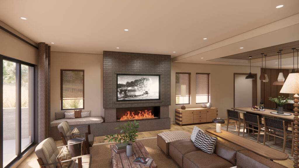 Modern living room with a fireplace, a wall-mounted TV, neutral-toned furniture, large windows offering vineyard views, and a dining area in the background—just moments from Rocky Pond Estate near Lake Chelan.