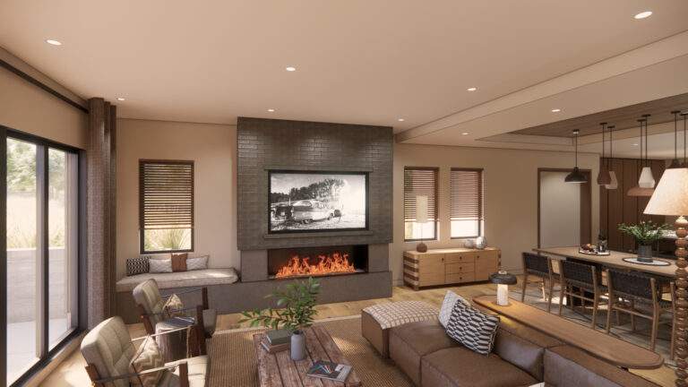 Modern living room with a fireplace, a wall-mounted TV, neutral-toned furniture, large windows offering vineyard views, and a dining area in the background—just moments from Rocky Pond Estate near Lake Chelan.